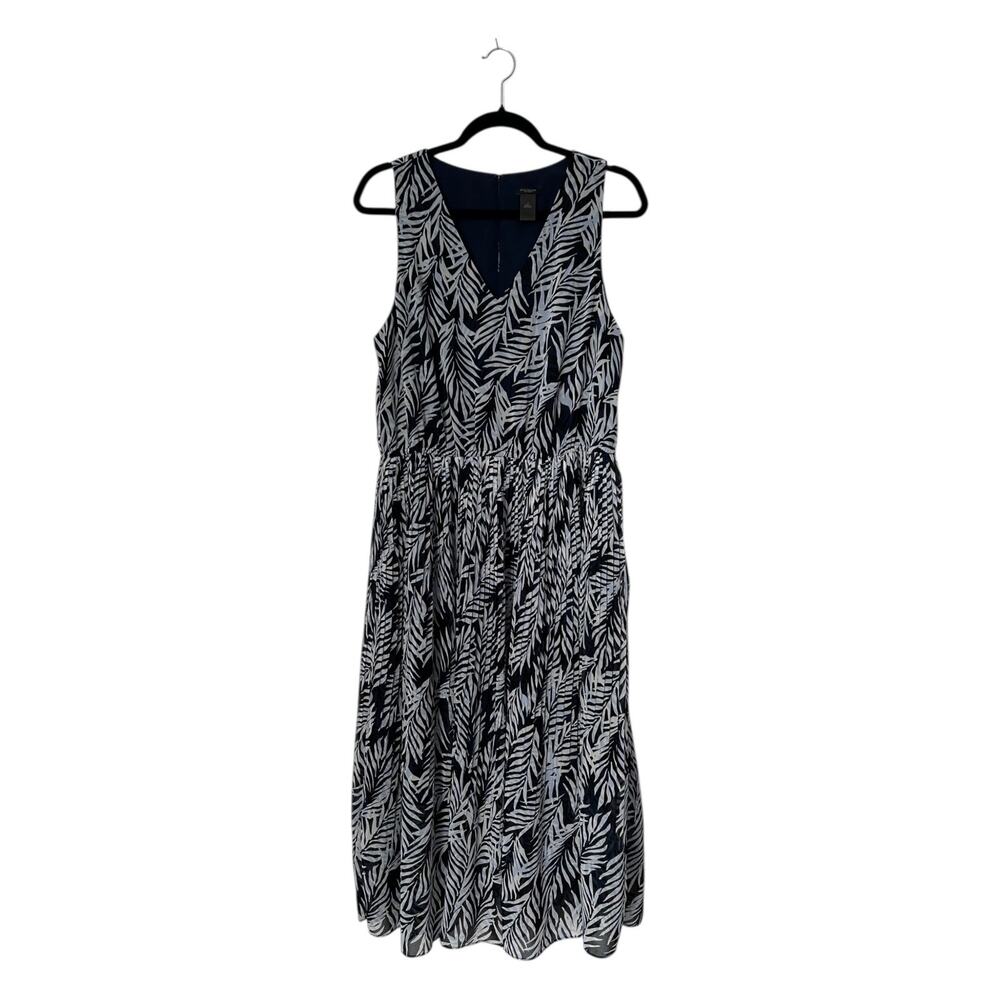 Ann Taylor Dress Sz 12 Blue White Botanical Leaf Print Sleeveless V-Neck Pleated